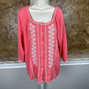 J Jill Embroidered Boho Blouse Shirt Top Salmon Pink Women's Size M Medium Missy
